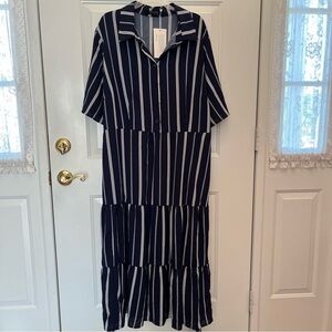 BLOOMCHIC Plus Size Belted Long Maxi Dress Navy White Stripe NWT